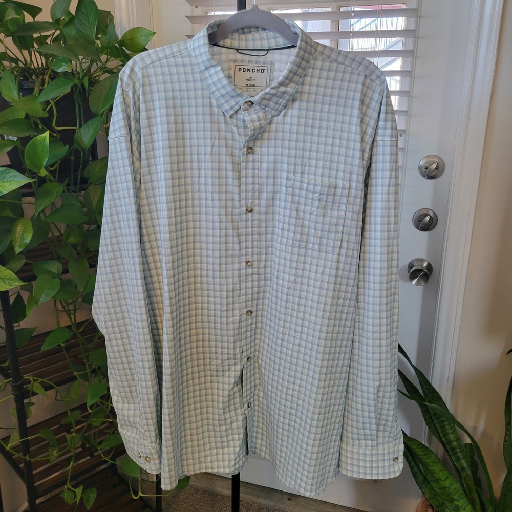 Poncho Mens 3XL Regular Fit Gingham Performance Fishing Shirt Long Sleeve Blue